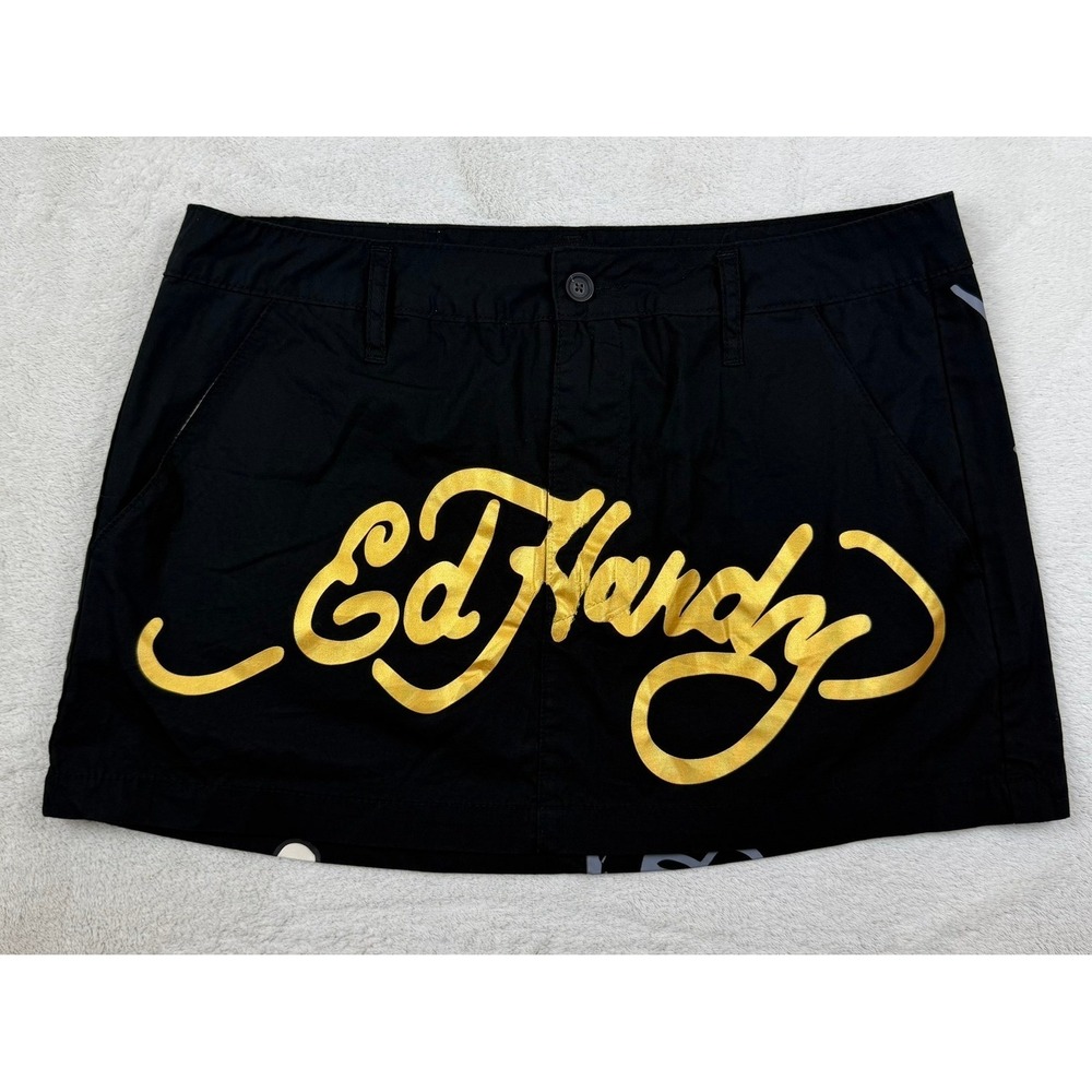 Ed Hardy Black Cotton Mini Skirt Love Kills Slowly Skull Gold Logo Y2K Medium